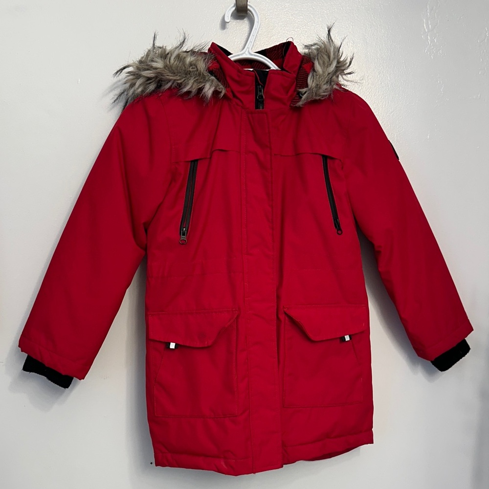 Children's Red Puffer Jacket with Faux Fur Hood